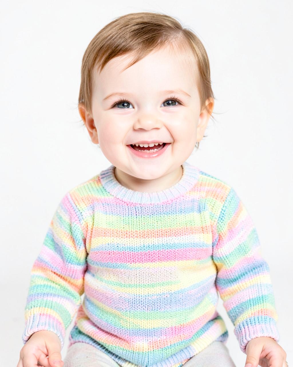 Smiling toddler in a pastel striped knit outfit