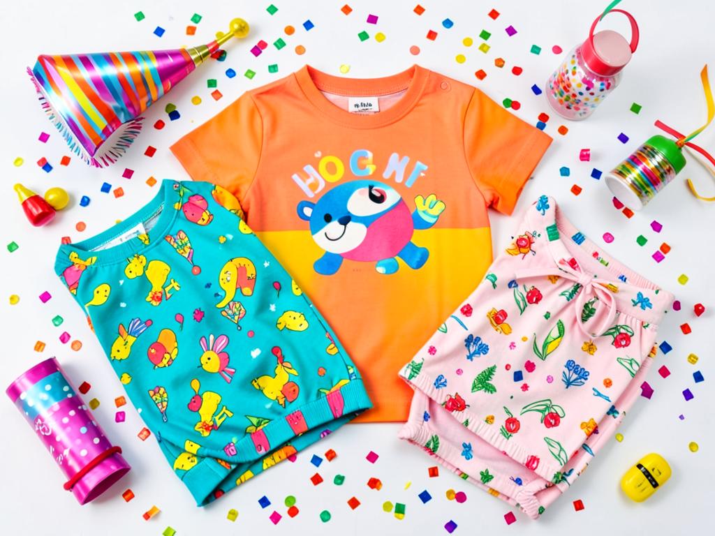 Colourful kids clothing flat lay with party props